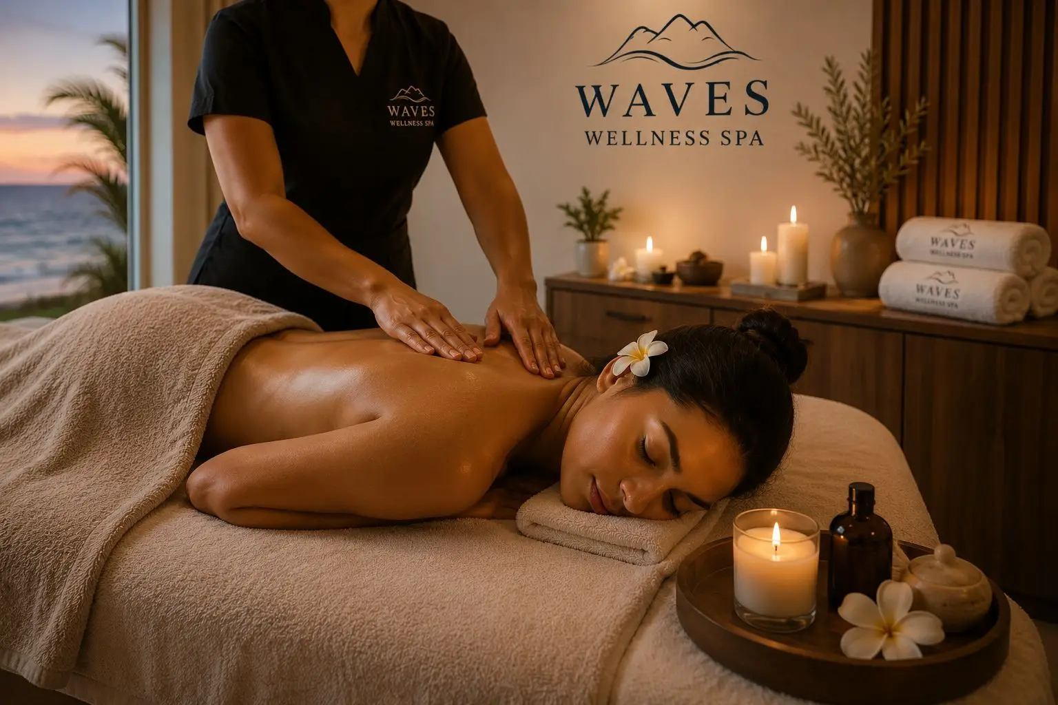 Therapist giving a relaxing back massage at Waves Wellness Spa with an ocean sunset view, Dolphin Beach, Cape Town