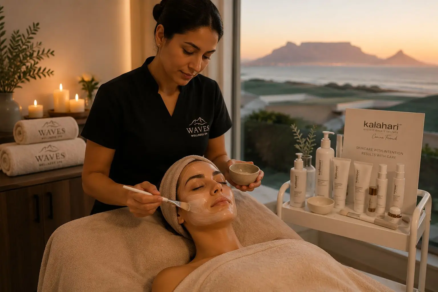 Facial treatment with Kalahari skincare products at Waves Wellness Spa, Table Mountain view, Cape Town